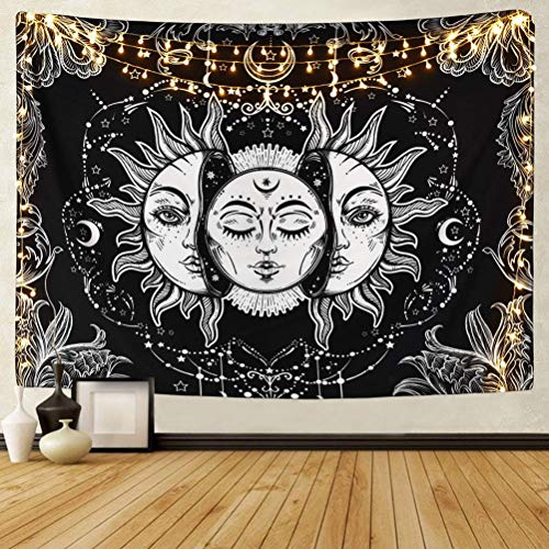 VEUWOLM Wandteppich Sonne und Mond, 150 x 200 cm Wandteppich Aesthetic, Psychedelisches Mandala-Muster, Tarot-Wandbehang, für Schlafzimmer, Wohnzimmer, Schwarz und Weiß von VEUWOLM