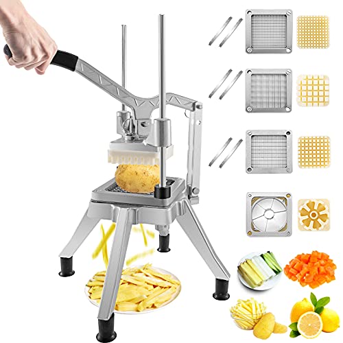 VEVOR Kartoffelschneider Pommes Frites Schneider 1/2 + 3/8 + 1/4 Zoll, Frittenschneider Gemüseschneider Kommerzieller Zerkleinerer Obstschneidemaschine mit 6 Ersatzklingen, Edelstahl Zerhacker von VEVOR