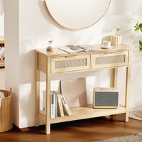 Rattan-Konsolentisch mit 2 Schubladen, Rattan-Eingangstisch mit natürlicher Rattan-Schiebetür, Konsolen-Sofatisch für Wohnzimmer, Arbeitszimmer, von VEVOR