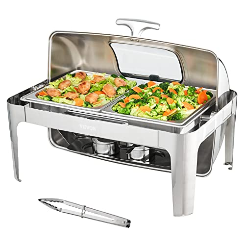 VEVOR 1 Stk. Speisenwärmer Wärmebehälter Chafing-Dish-Set Rolldeckel 5 L x 2, Rechteckig Edelstahl Wärmebehälter Buffet Set inkl. Sichtglasdeckel & Esszange, für Restaurants, Buffets, Schulen usw. von VEVOR