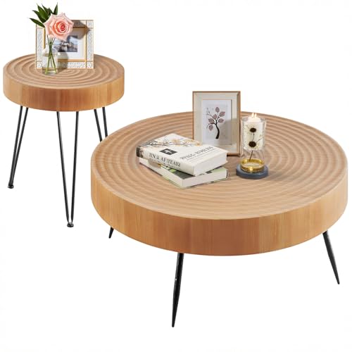 VEVOR 2-TLG. rundes Wohnzimmertisch-Set, (796 x 365 mm) Industrie-Couchtisch mit 1 runden Beistelltisch (398 x 465 mm), Sofatisch-Sets mit Metallbeinen, Satztische für Büro Wohnzimmer Wohnung von VEVOR