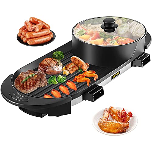 VEVOR 2 in 1 Multifunktionale BBQ Hot Pot, BBQ Grill und Hot Pot mit Trennwand, Separater Doppelthermostat Teppanyaki Grilltopf mit 5 Geschwindigkeiten, für Familie, Abendessen, Freunde, Party, Black von VEVOR