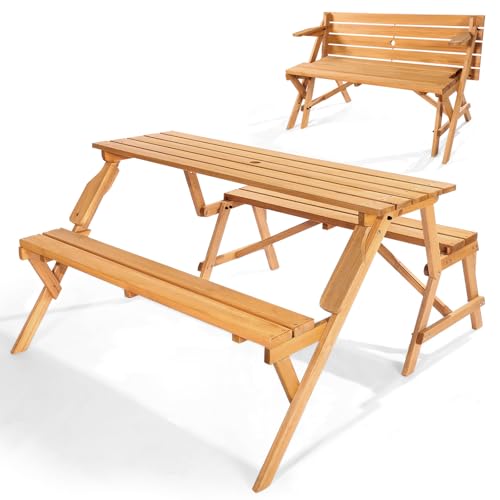 VEVOR 2 in 1 umwandelbarer & austauschbarer Picknicktisch, Outdoor-Tisch- und Bank-Set aus Holz, tragbare, Faltbare Bank mit Loch für Schirm, Essmöbel für Garten, Hinterhof, Veranda (braun) von VEVOR