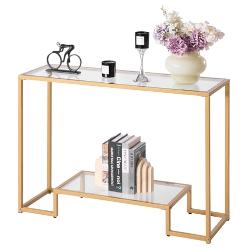 VEVOR 2-stufiger Konsolentisch moderner rechteckiger Flurtisch (107 x 35,4 x 75,5 cm) mit Platte aus gehärtetem Glas, Sofa-Beistelltisch mit Kippschutz für Wohnzimmer Flur Eingangsbereich Foyer von VEVOR