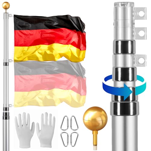 VEVOR 25ft Teleskop-Fahnenmast-Set, Robustes Fahnenmast-Set aus Aluminiumlegierung im Boden für draußen, 3 Anzeigemodi Fahnenmast mit professionellem Zubehör, deutsche Flagge, Silber von VEVOR