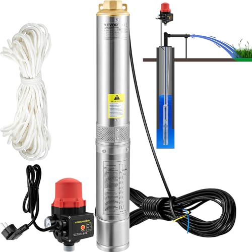 VEVOR 3,5" Tiefbrunnenpumpe 750W Brunnenpumpe 105L/min Tauchpumpe max. Förderhöhe 62m Rohrpumpe 230V 50Hz Sandpumpe IP68 Wasserpumpe 11 Laufradstufen Pumpe Ideal zur Bewässerung oder Wasser-Versorgung von VEVOR