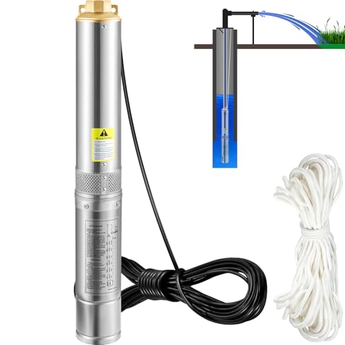 VEVOR 3,5" Tiefbrunnenpumpe 750W Brunnenpumpe 105L/min Tauchpumpe max. Förderhöhe 62m Rohrpumpe 230V 50Hz Sandpumpe IP68 Wasserpumpe mit 20m Kabel Pumpe Ideal zur Bewässerung oder Wasser-Versorgung von VEVOR