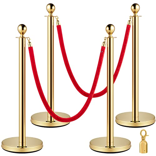 VEVOR 4 Stück Edelstahl Absperrgitter mit Kugelkopf und 2 roten Samtseilen und Goldener Säule von VEVOR