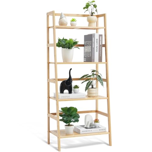 VEVOR 4-stöckiges Bambus Leiterregal trapezförmiges offenes Bücherregal, Aufbewahrungsregal, freistehender Blumenpflanzenständer Aktenregal ideal für Badezimmer Schlafzimmer Büro Arbeitszimmer von VEVOR