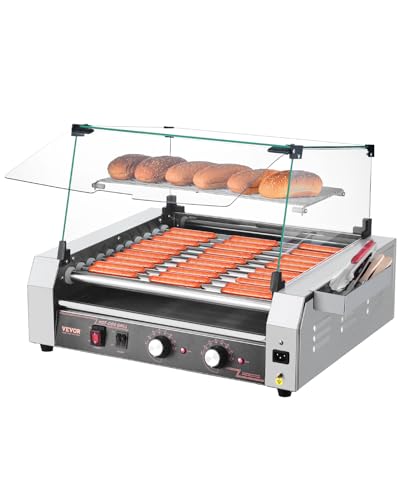 VEVOR Hot Dog Maschine 11 Rollen Edelstahl, 2200 W, Elektrogrill mit Abdeckung & 2 Temperaturregler & seitlicher Aufbewahrungsbox & herausnehmbarem Regal & Ölauffangschale von VEVOR
