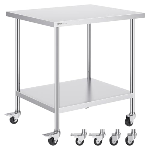 VEVOR Arbeitstisch aus Edelstahl, Küchentisch 762 x 914 x 954,6 mm, Zubereitungstisch, mit 4 Rädern, 3 einstellbaren Höhenstufen, Arbeitstisch zur Lebensmittelzubereitung für gewerbliche Restaurants von VEVOR