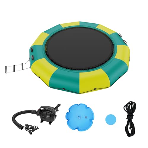 VEVOR Aufblasbarer Wassertrampolin mit Leiter, wasserdichte, Abriebfeste, Wassertrampoline 3,66 m Großen Sprungfläche, Sprungplattform-Wasserpark Pool Trampolin, Gelb + Grün 226 kg Tragfähigkeit von VEVOR