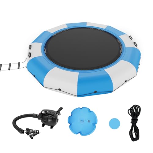 VEVOR Aufblasbarer Wassertrampolin mit Leiter, wasserdichte, Abriebfeste, Wassertrampoline 3,96 m Großen Sprungfläche, Sprungplattform-Wasserpark Pool Trampolin, Blau + Weiß 226 kg Tragfähigkeit von VEVOR