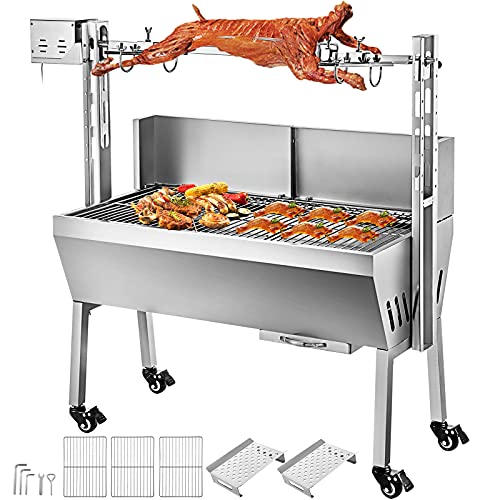 VEVOR BBQ Drehspieß für Lamm 60 kg, Elektrogrill 15 W mit Gabel für Braten, BBQ aus Edelstahl mit Trittfläche und Rollen für Picknick oder Camping von VEVOR