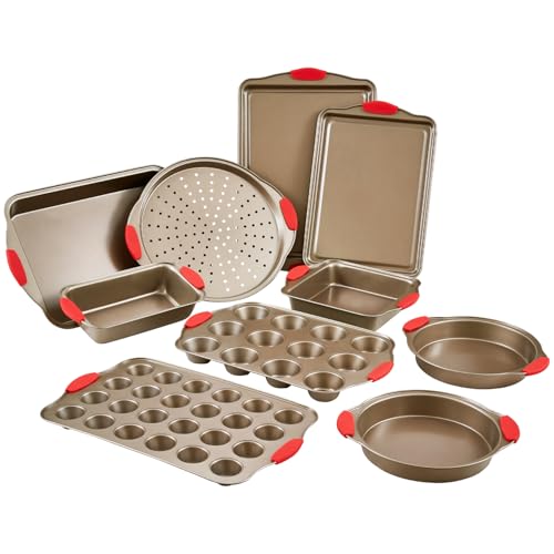 VEVOR Backformen-Set 10-tlg. antihaftbeschichtete Kochgeschirrplatten und -bleche aus Karbonstahl, Backgeschirr-Kochsets für den Küchenofen mit Silikongriffen, für Keksen Kuchen Muffins Brot Golden von VEVOR
