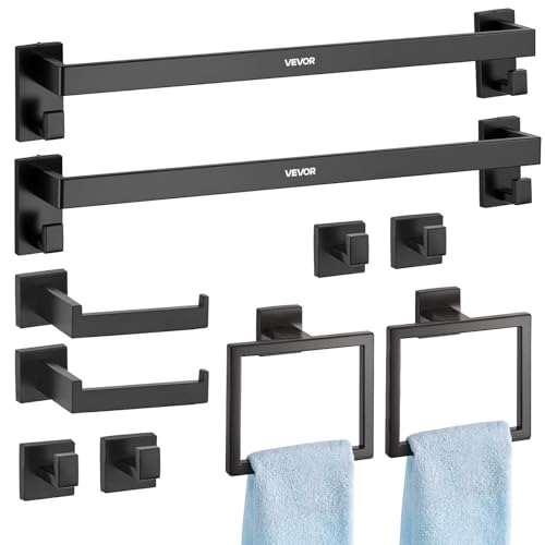 VEVOR Badezimmer Hardware Zubehör Set (10-TLG.) inkl. 2 Handtuchstangen & 2 Handtuchhalter (quadratischer Ring) & 2 4 Haken & 2 Toilettenpapierhalter, für Badezimmer, Wandmontage Mattschwarz von VEVOR
