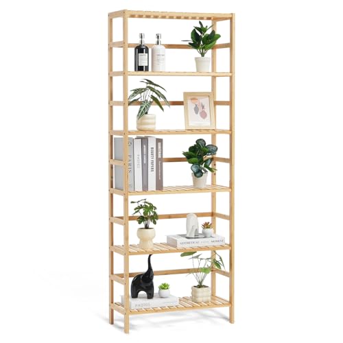 VEVOR Bücherregal mit 6 Ablagen aus Bambus, Aufbewahrungsregal, freistehender multifunktionaler Blumenpflanzenständer Aktenregal ideal für Badezimmer Schlafzimmer Büro Arbeitszimmer Naturfarbe von VEVOR