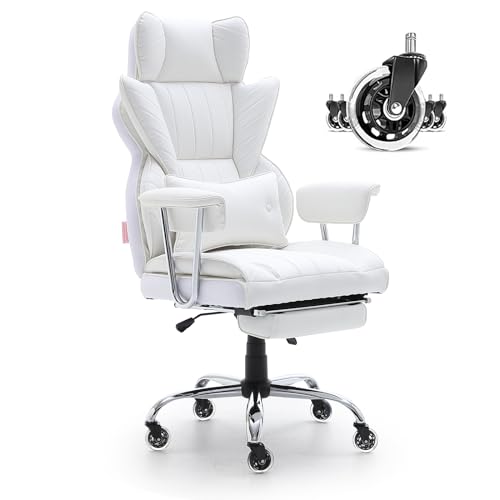 VEVOR Bürostuhl PU Leder Weißer Chefsessel mit Fußstütze, Schreibtisch Drehsessel Höhenverstellbar 0–80 mm, 181,43 kg Tragfähigkeit, Chefsessel Bürostuhl 860 x 610 mm Rückenlehne Drehsessel von VEVOR