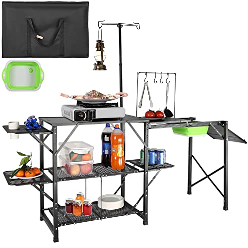 VEVOR Camping-Küchentisch mit Spüle, Aluminium, faltbar, tragbar, Outdoor-Kochstation, 2 Regale und Tragetasche für Picknick, Grillen, Strand, Reisen von VEVOR