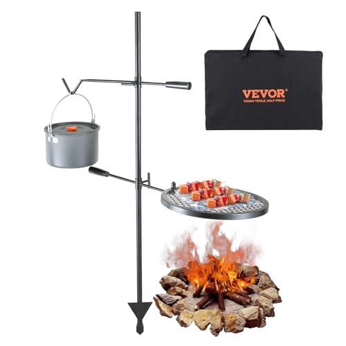 VEVOR Campinggrill Rund 360 x 360 mm, Verstellbarer Schwenkbarer Lagerfeuer Grill mit und Hakenhalter, Edelstahl Holzkohlegrill für Outdoor-Camping von VEVOR