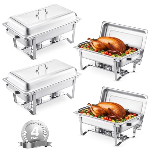 VEVOR Chafing Dish Buffet-Set 4 Stk Edelstahl-Speisenwärmer mit 4 Pfannen in voller Größe (7,5 L), rechteckiger Catering-Wärmespender mit Deckel & Wasserpfannenständer & Brennstoffhalter Buffer Silber von VEVOR