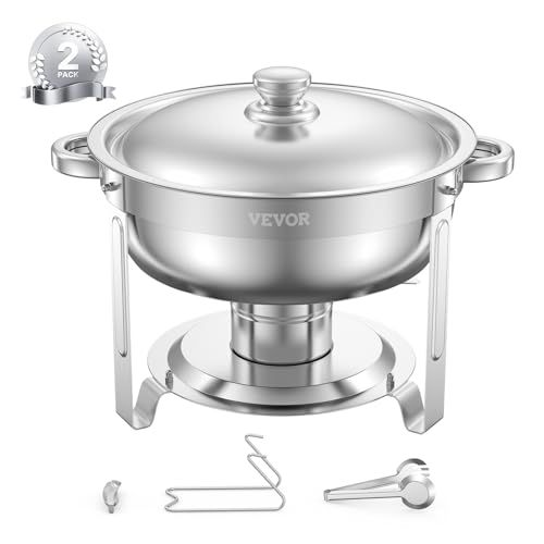 VEVOR Chafing Dish Buffet Speisenwärmer mit 2 Behältern in voller Größe (4,7 L pro), runder Catering-Wärmespender mit Deckel & Brennstoffhalter & Wasserpfanne, für Hochzeiten Partys Silber von VEVOR