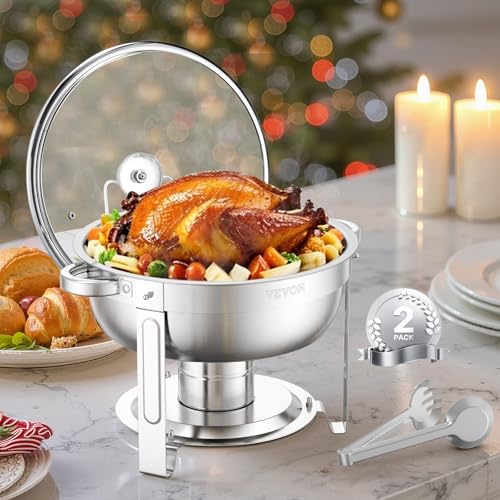 VEVOR Chafing Dish Buffet Speisenwärmer mit 2 Behältern in voller Größe (4,7 L pro), runder Catering-Wärmespender mit Glasdeckel & Wasserpfanne & klappbarer Ständer, für Buffet Partys Silber von VEVOR
