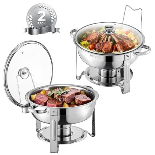 VEVOR Chafing Dish Buffet Speisenwärmer mit 2 Behältern in voller Größe (4,7 L pro), runder Catering-Wärmespender mit Glasdeckel & Wasserpfanne & klappbarer Ständer, für Buffet Partys Silber von VEVOR