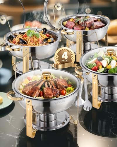 VEVOR Chafing Dish Buffet Speisenwärmer mit 4 Behältern in voller Größe (4,7 L), runder Catering-Wärmespender mit Glasdeckel & Wasserpfanne & klappbarer Ständer, für Hochzeiten Buffet Gold von VEVOR