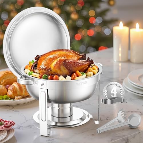 VEVOR Chafing Dish Buffet Speisenwärmer mit 4 Behältern in voller Größe (4,7 L pro), runder Catering-Wärmespender mit Deckel & Wasserpfanne & klappbarer Ständer, für Hochzeiten Partys Silber von VEVOR
