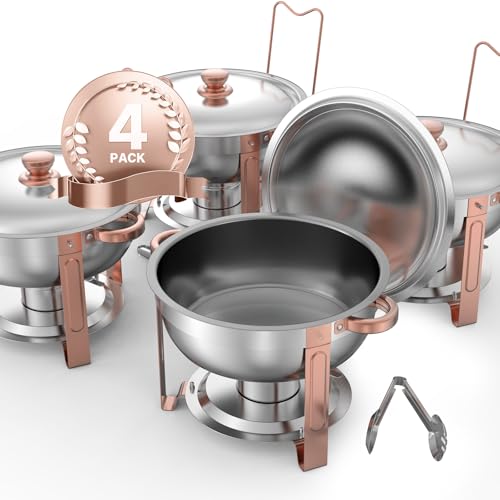VEVOR Chafing Dish Buffet Speisenwärmer mit 4 Behältern in voller Größe (4,7 L pro), runder Catering-Wärmespender mit Deckel & Wasserpfanne & klappbarer Ständer, für Hochzeiten Partys Roségold von VEVOR