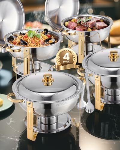 VEVOR Chafing Dish Buffet Speisenwärmer mit 4 Behältern in voller Größe (4,7 L pro), runder Catering-Wärmespender mit Deckel & Wasserpfanne & klappbarer Ständer, für Hochzeiten Partys Golden von VEVOR
