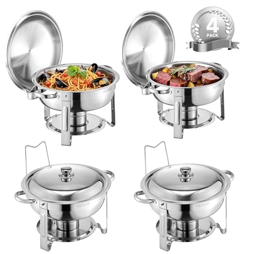VEVOR Chafing Dish Buffet Speisenwärmer mit 4 Behältern in voller Größe (4,7 L pro), runder Catering-Wärmespender mit Deckel & Wasserpfanne & klappbarer Ständer, für Hochzeiten Partys Silber von VEVOR