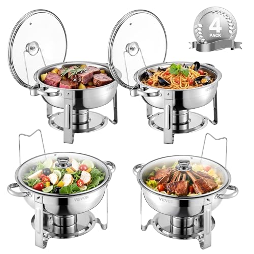 VEVOR Chafing Dish Buffet Speisenwärmer mit 4 Behältern in voller Größe (4,7 L pro), runder Catering-Wärmespender mit Glasdeckel & Wasserpfanne & klappbarer Ständer, für Hochzeiten Buffet Silber von VEVOR
