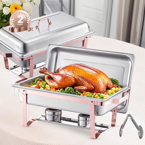 VEVOR Chafing Dish Set 2 STK. Speisenwärmer Edelstahl mit 2 Pfannen (7,5 L) in voller Größe, rechteckiger Catering-Wärmespender mit Deckel & Wasserpfannenständer & Brennstoffhalter, Roségold von VEVOR