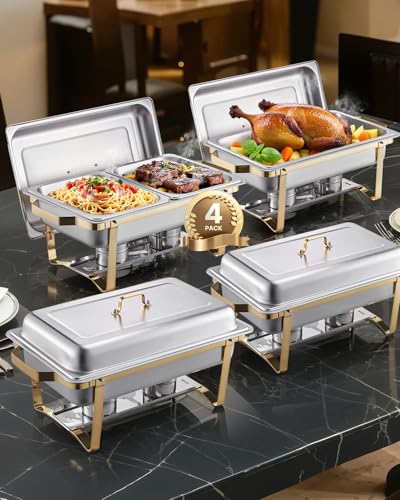 VEVOR Chafing Dish Set Speisenwärmer Edelstahl mit 2 Pfannen in voller Größe (7,5 L) & 4 halbgroßen Pfannen (4 L), rechteckiger Catering-Wärmespender mit Deckel & Wasserpfannenständer, Gold von VEVOR