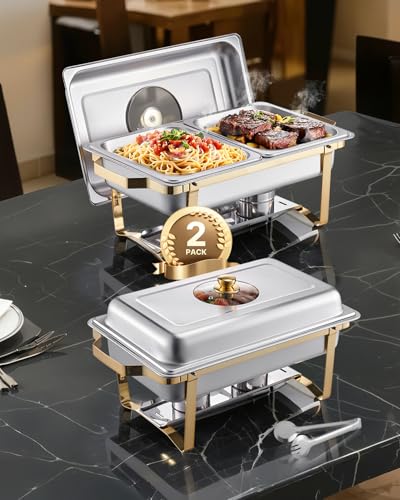 VEVOR Chafing Dish Set Speisenwärmer Edelstahl mit 4 Behältern in halber Größe (4 L pro), rechteckiger Wärmespender mit sichtbarem Deckel & Wasserpfannenständer & Brennstoffhalter, für Partys von VEVOR