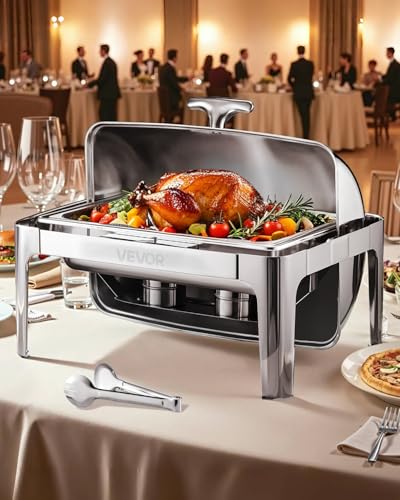 VEVOR Chafing Dish Set Speisenwärmer Edelstahl mit Pfannen in voller Größe (8,5 L), rechteckiger Wärmespender mit Roll Top Deckel & Wasserpfannenständer & Brennstoffhalter, für Buffet Silber von VEVOR