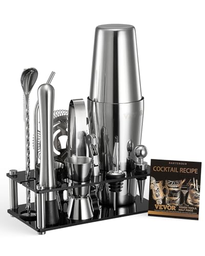 VEVOR Cocktail Shaker 14-teiliges Bar-Werkzeugset aus Edelstahl mit Acrylständer, Boston Barkeeper Set Zubehör Mixerlöffel Stößel Messbecher Sieb Schnapsausgießer Eiszange Korkenzieher, Silber von VEVOR