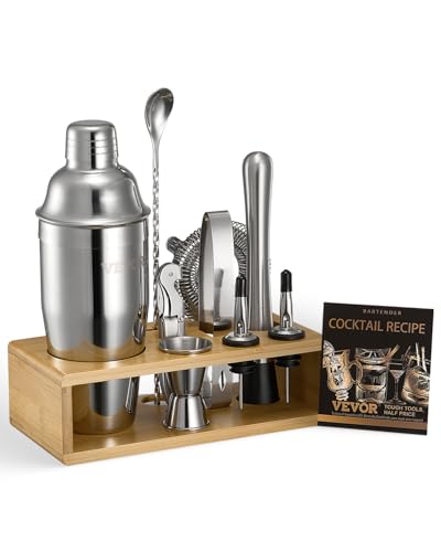 VEVOR Cocktail Shaker Set, 10-teiliges Bar-Werkzeugset aus Edelstahl mit Bambusständer, Martini-Barkeeper-Set| Mixerlöffel Stößel Messbecher Sieb Schnapsausgießer Eiszange Korkenzieher, Silber von VEVOR