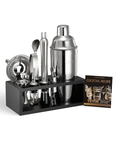 VEVOR Cocktail Shaker Set, 13-teiliges Bar-Werkzeugset aus Edelstahl mit Bambusständer, Martini-Barkeeper-Set | Mixerlöffel Stößel Messbecher Sieb Schnapsausgießer Eiszange Korkenzieher Silber von VEVOR