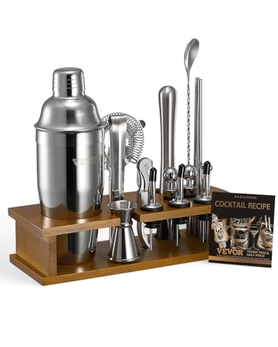 VEVOR Cocktail Shaker Set, 18-teiliges Bar-Werkzeugset aus Edelstahl mit Bambusständer, Martini-Barkeeper-Set | Mixerlöffel Stößel Messbecher Sieb Schnapsausgießer Eiszange Korkenzieher, Silber von VEVOR
