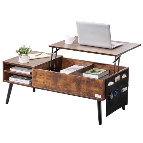 VEVOR Couchtisch mit anhebbarer Platte, 100 cm rechteckiger Beistelltisch, Sofatisch, Kaffeetisch mit zusätzlichen Aufbewahrungstaschen, offener und versteckter Stauraum, Wohnzimmer, braun von VEVOR