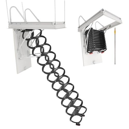 VEVOR Dachbodenleiter, Tragkraft 299,4 kg, passend für Deckenhöhen von 2,6 bis 2,85 m und Öffnungsgröße von 1000,76x698,5 mm, Scherentreppe aus legiertem Stahl mit Zugstange für Dachboden von VEVOR