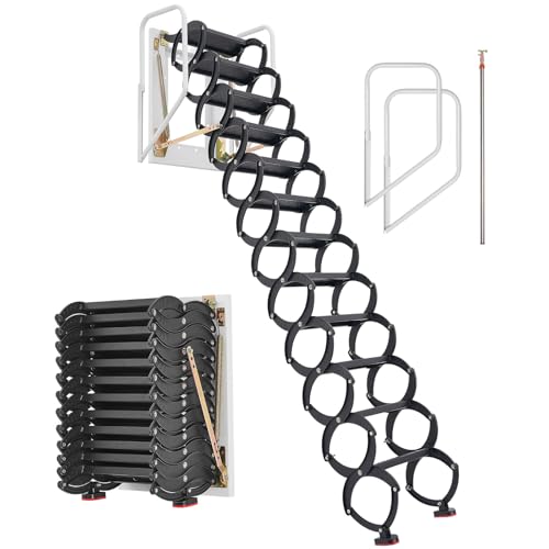 VEVOR Dachbodenleiter zur Wandmontage, Tragkraft 299,4 kg, passend für Deckenhöhen von 2,9 bis 3,05 m, 12-stufige Stahl-Scherentreppe mit Handläufen, für Dachböden, Garagen, Dächer, Keller von VEVOR