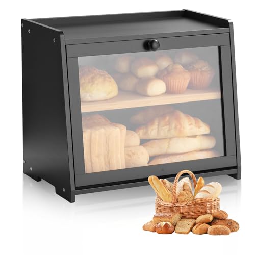 VEVOR Doppellagiger Brotkasten für Küchentheke Brotbehälter Brotbox Organizer aus Holz für selbstgebackenes Brot, Aufbewahrungsbehälter mit gewellter Acryl-Türplatte, Brotaufbewahrung Schwarz von VEVOR
