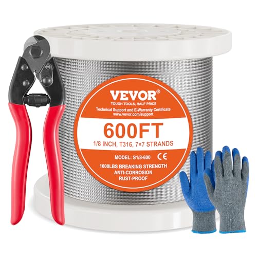 VEVOR Drahtseil-Set, Ф3,18mmx182,3m, 316 Edelstahlkabel mit Schneider & Handschuhen, 7,1kN Bruchfestigkeit, 7x7 Litzen, Bau-Marine-/Flugzeugqualität für Handläufe, Treppen, Terrassen, Zäune von VEVOR