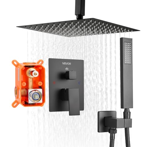VEVOR Duscharmatur Regenduschsystem fürs Badezimmer Duschsystem mit 254 mm quadratischen Regenduschkopf & Handbrause, Deckenmontage Badezimmerarmaturen mit Messingventil & Zierset, Mattschwarz von VEVOR
