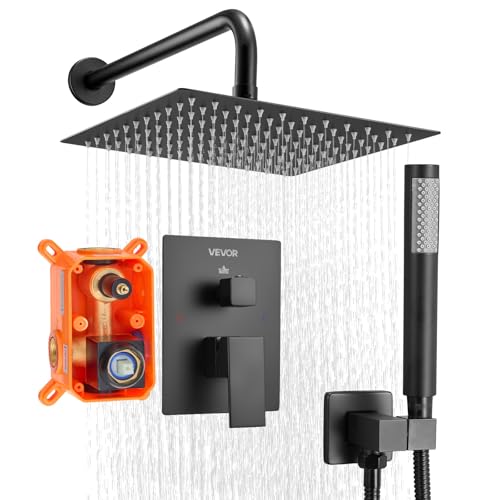 VEVOR Duscharmatur Regenduschsystem fürs Badezimmer Duschsystem mit 254 mm quadratischen Regenduschkopf & Handbrause, wandmontierte Badezimmerarmaturen mit Messingventil & Zierset, Mattschwarz von VEVOR