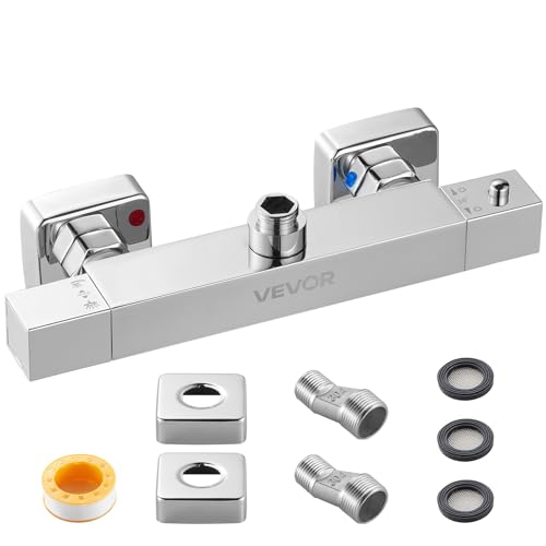 VEVOR Duscharmatur mit Thermostat Duschthermostat mit 38 °C Sicherheitsschloss, Duschhahnventil Badewannenarmatur (2 Löcher), Temperaturregelventile für Badezimmer Wohnmobil Hotel Chrom-Silber von VEVOR
